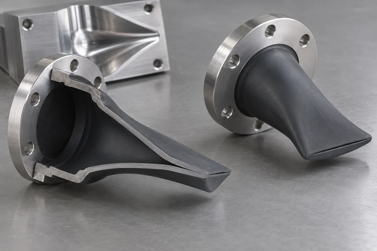 Sectioned silicone duckbill design beside an intact valve showing the thin lip region