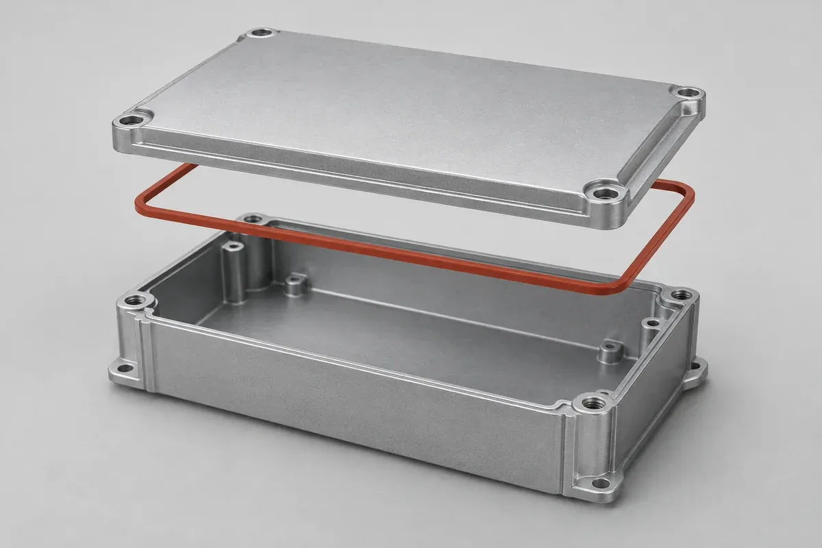 Separate enclosure lid, silicone perimeter gasket and grooved housing base