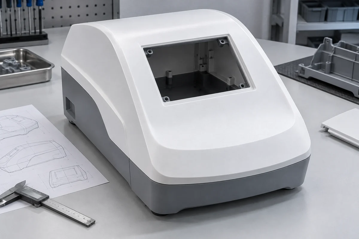 Product design illustration of a tabletop analyzer upper housing and lower shell