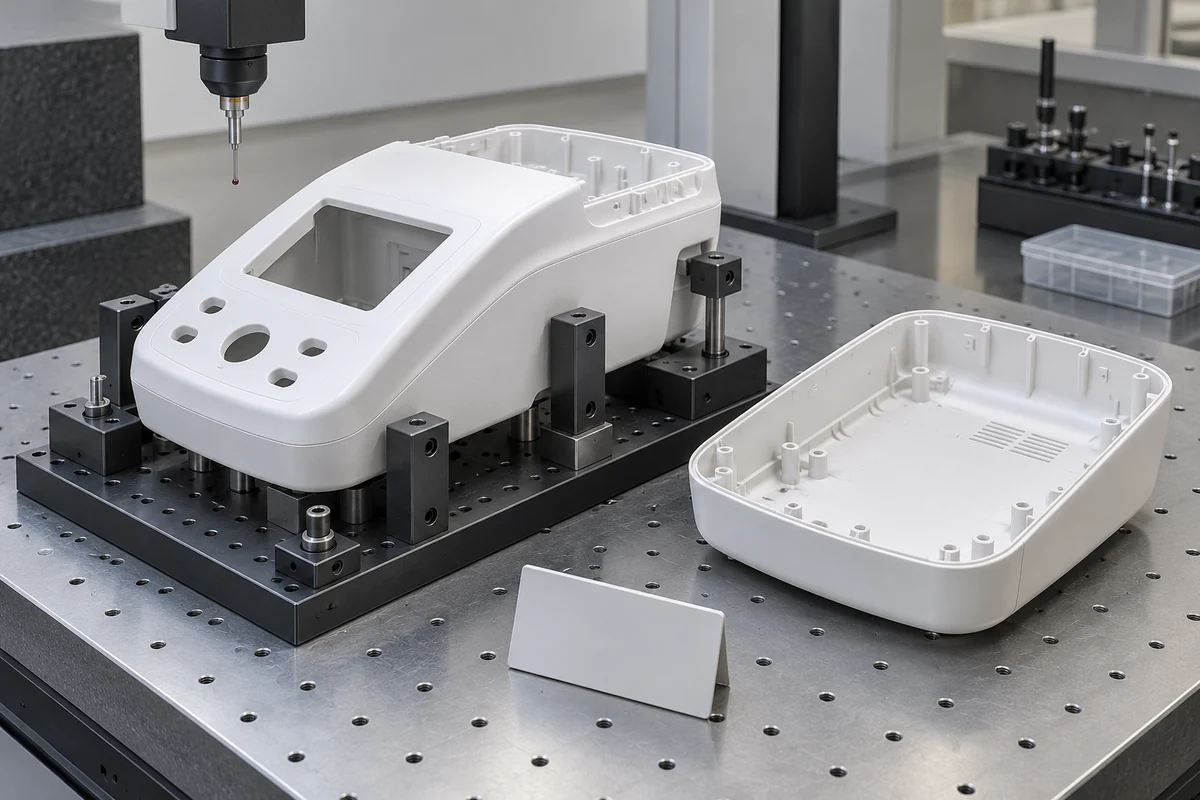 Product design illustration of an analyzer cover in an inspection fixture beside a lower shell and reference plaque