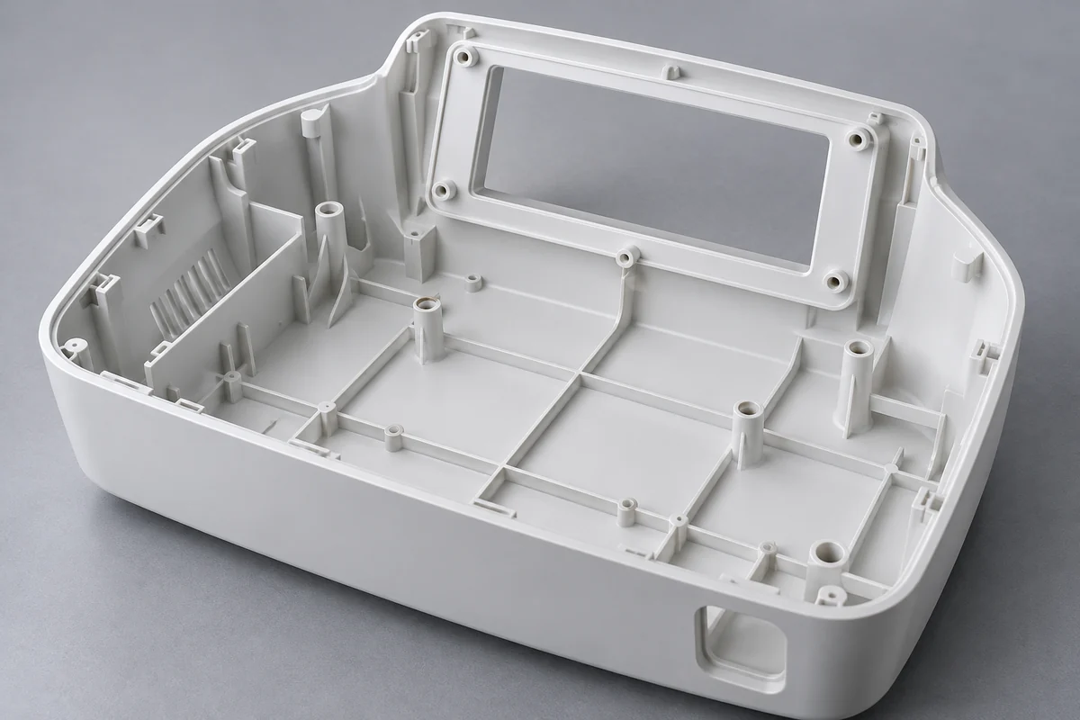 Product design illustration of the housing interior with a rib network and display mounting bosses