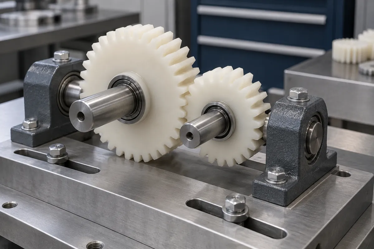 Illustrated polymer spur gears on parallel shafts in an open development fixture