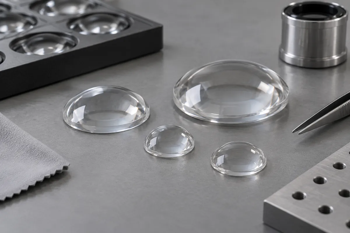 Clear small convex PMMA lenses on neutral matte bench