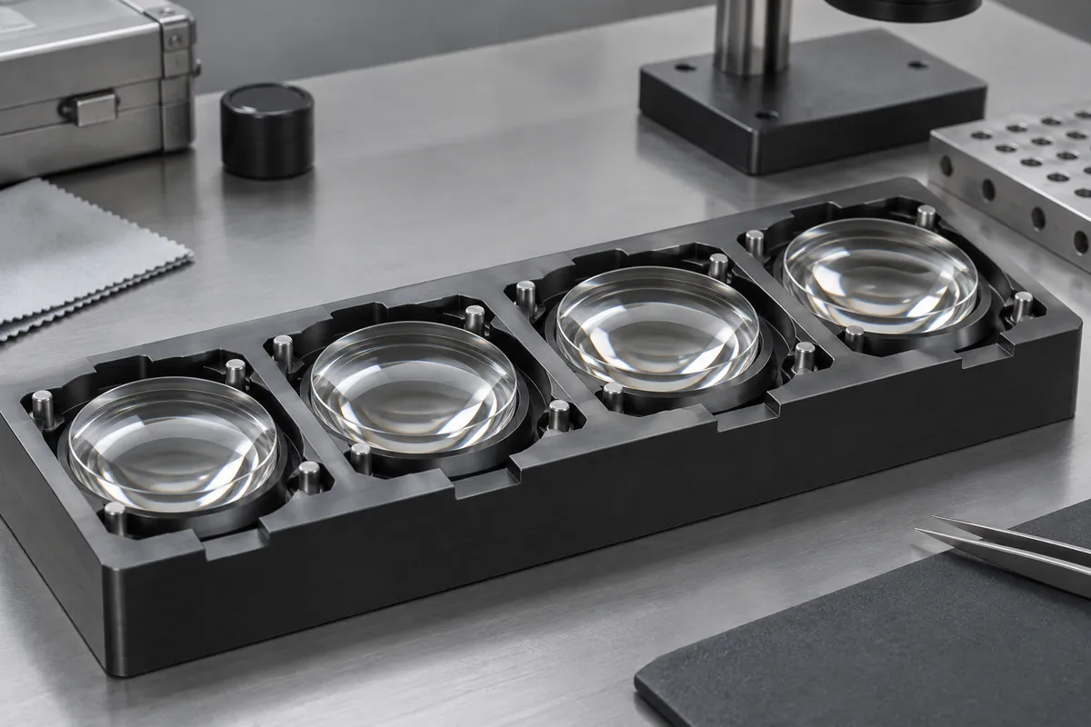 Four clear lenses in separate inspection nests under soft light, no optical results