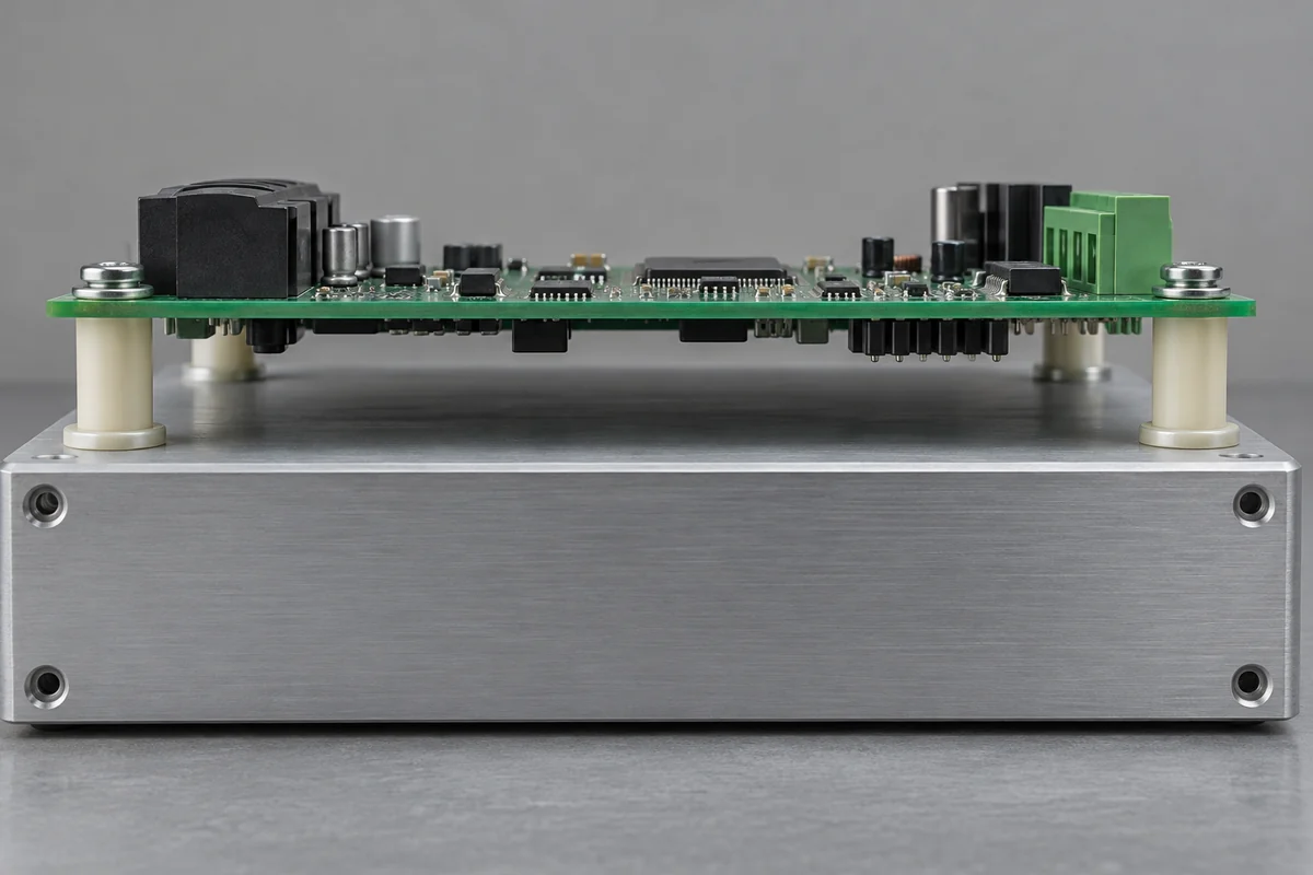 Product design illustration of natural-color spacers supporting a PCB above a chassis