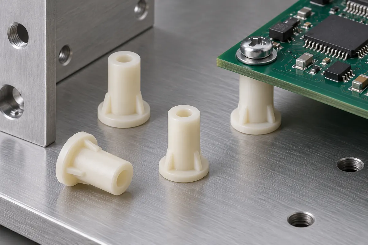 Product design illustration of a natural-color PCB support spacer beside its board and chassis