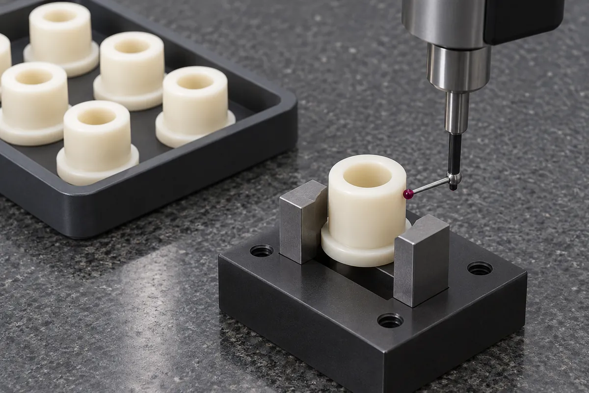 Product design illustration of a natural-color support spacer positioned for dimensional inspection