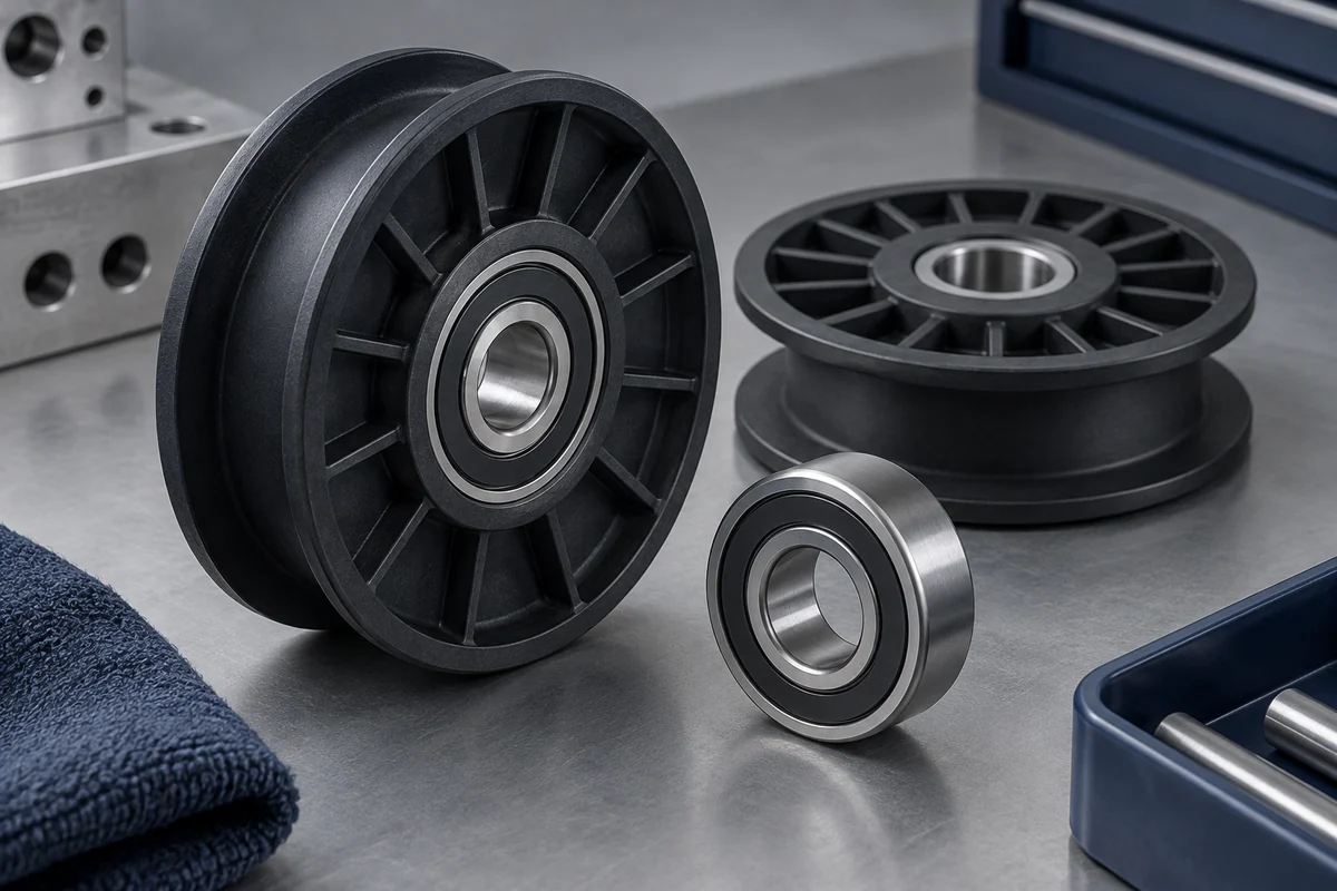 Product design illustration of plastic guide wheels and a separate sealed bearing