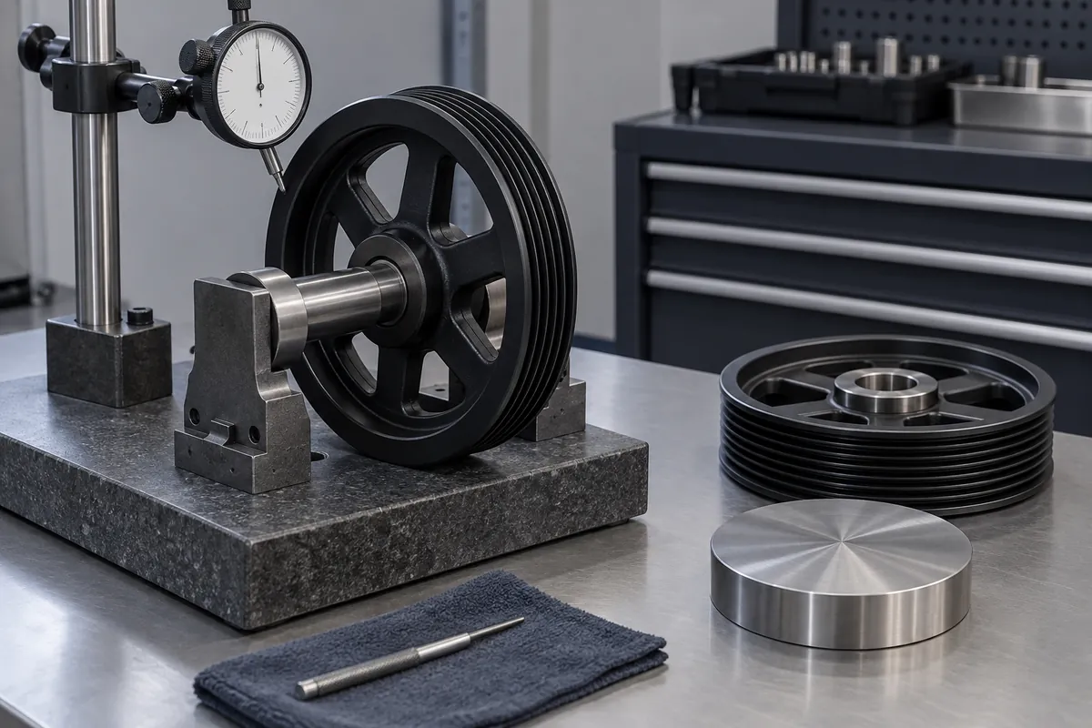 Design illustration of a pulley on an inspection arbor beside a metal counterface sample