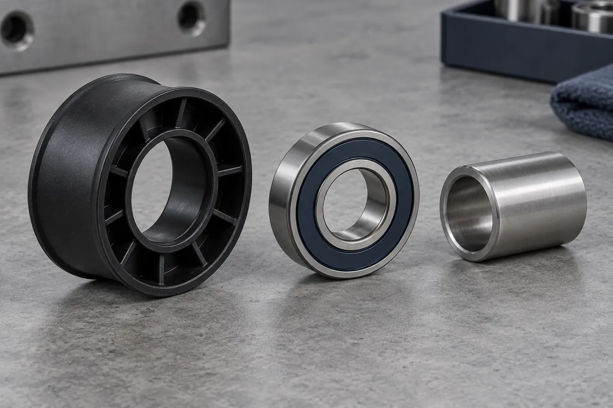 Separated molded pulley body, sealed bearing and tubular assembly sleeve