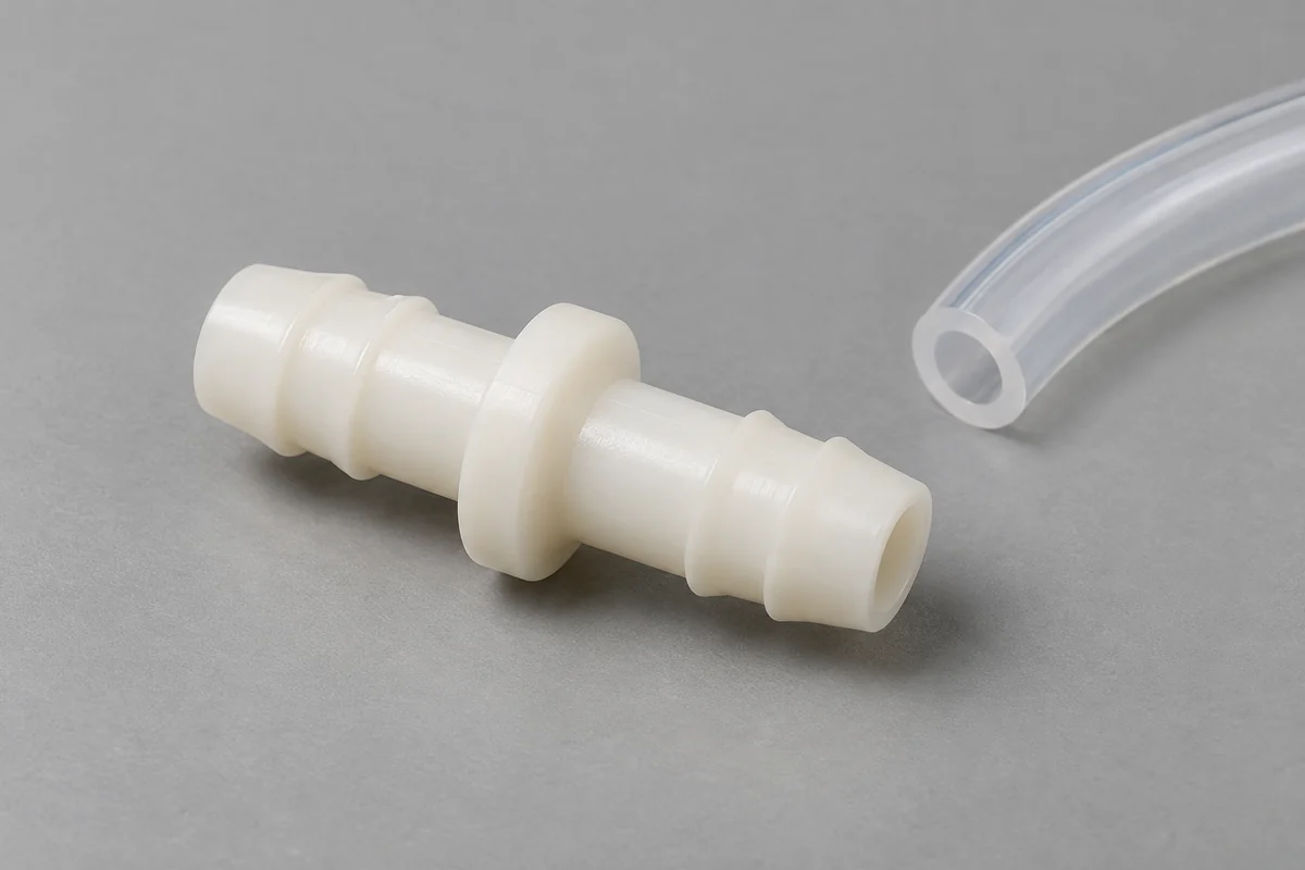 Product design illustration of an ivory molded hose-barb fitting beside a translucent PU tube