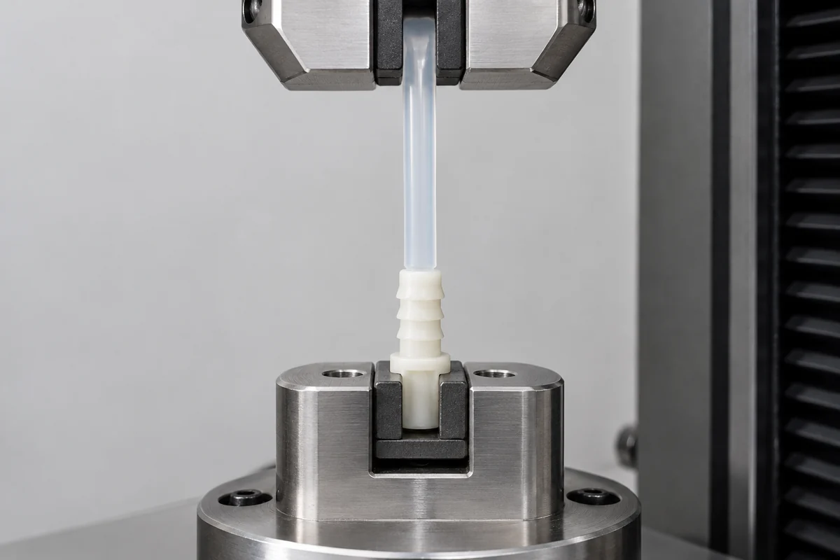Product design illustration of an axial tube-to-barb pull-off fixture