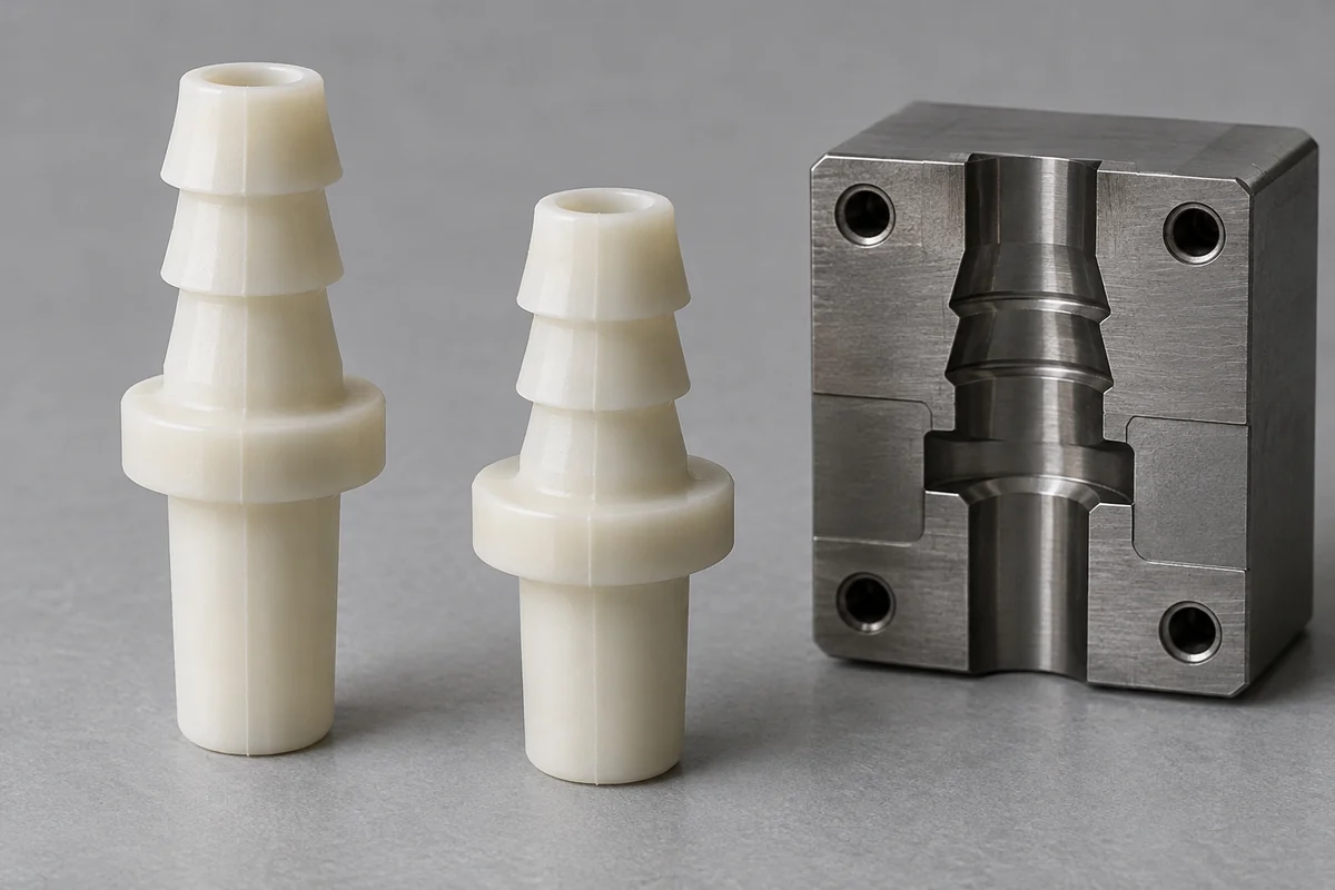 Product design illustration of molded barb profiles beside a steel tool insert