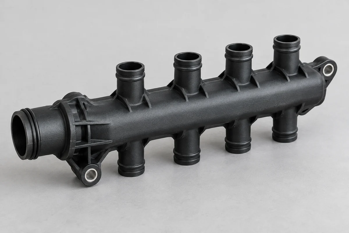 Product design illustration of a molded fluid manifold with branch ports and mounting ears