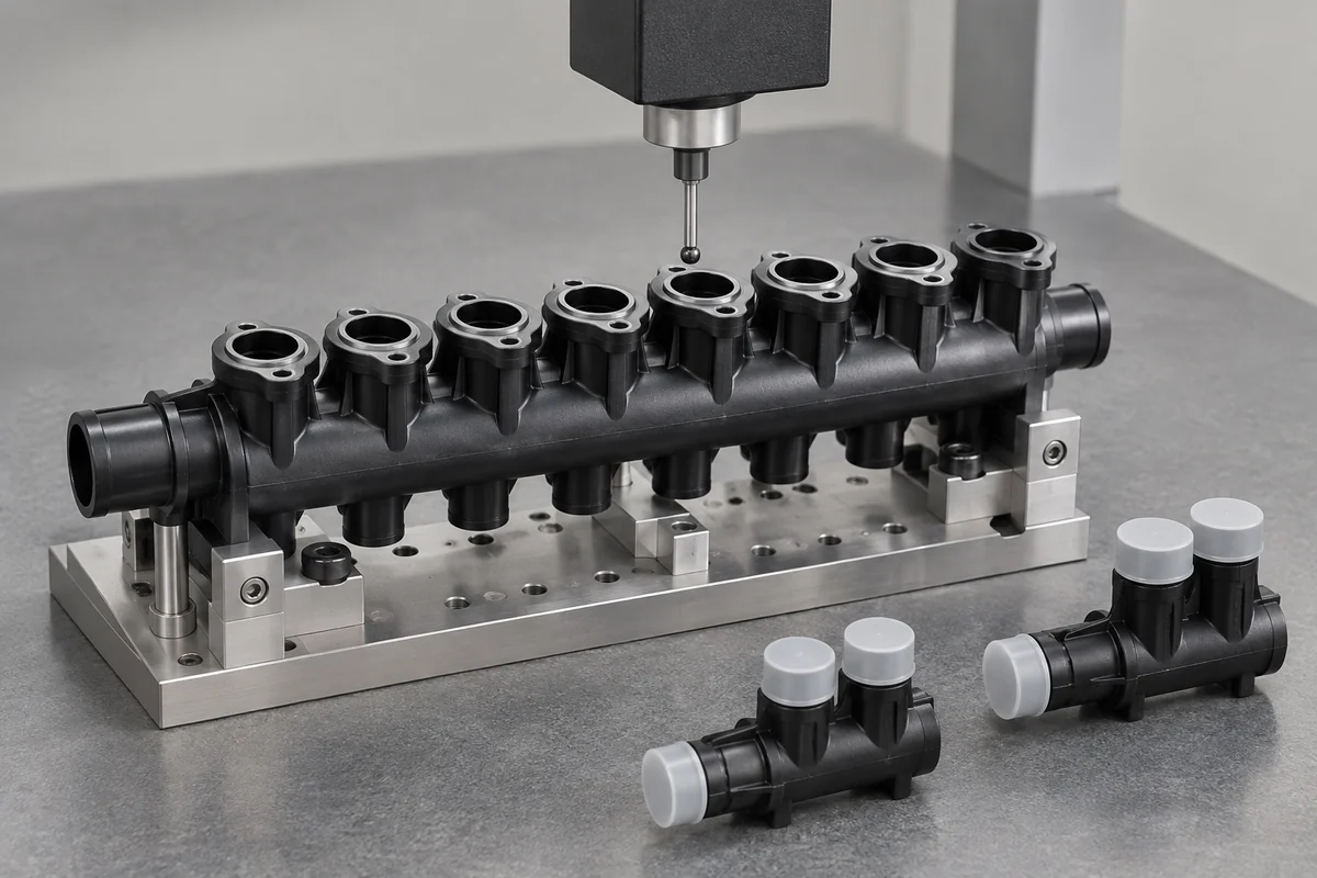 Product design illustration of a manifold held under a measurement probe beside protected sample parts