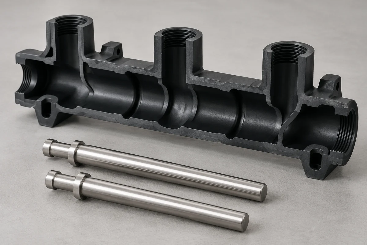 Product design illustration of a sectioned manifold channel beside two tool-core examples