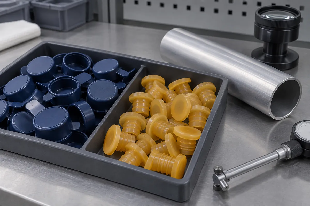Protective cap and plug design samples arranged for fit and surface inspection
