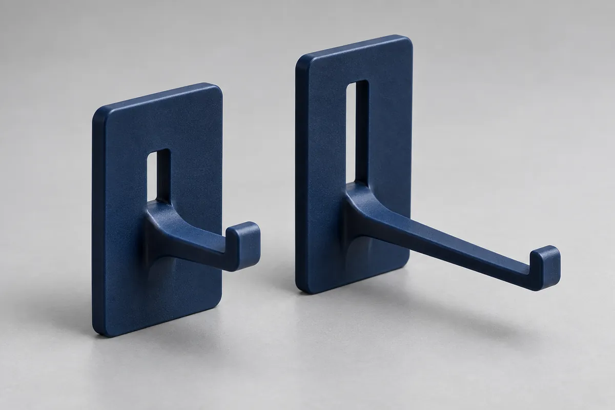 AI-generated illustration of two one-piece molded latch concepts with different flexible lengths