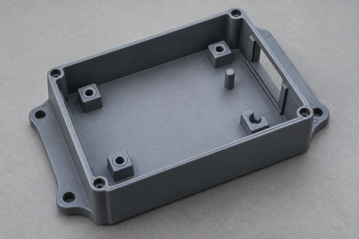 Empty sensor enclosure illustrating board supports, locating features and an end-wall opening