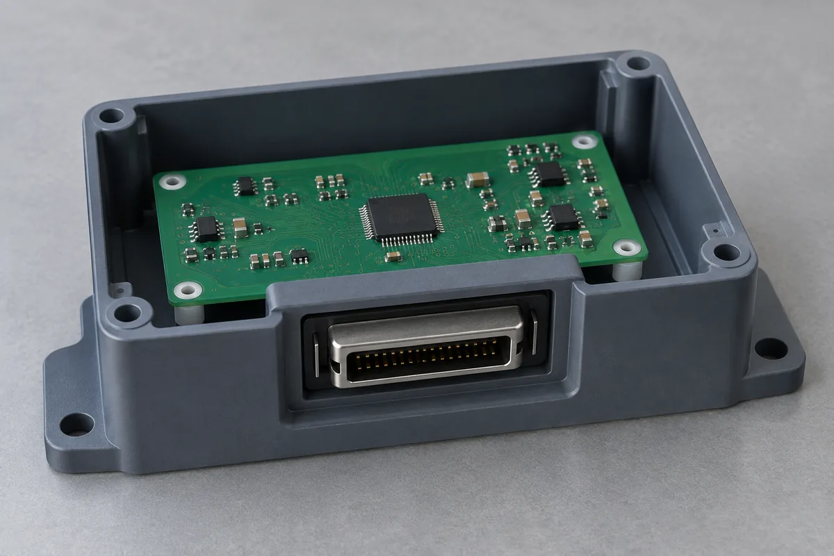 Illustrated board-edge connector centered in an enclosure opening with surrounding clearance