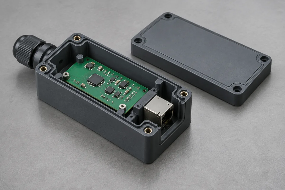 Sensor enclosure design example with a supported PCB, side connector and separate lid