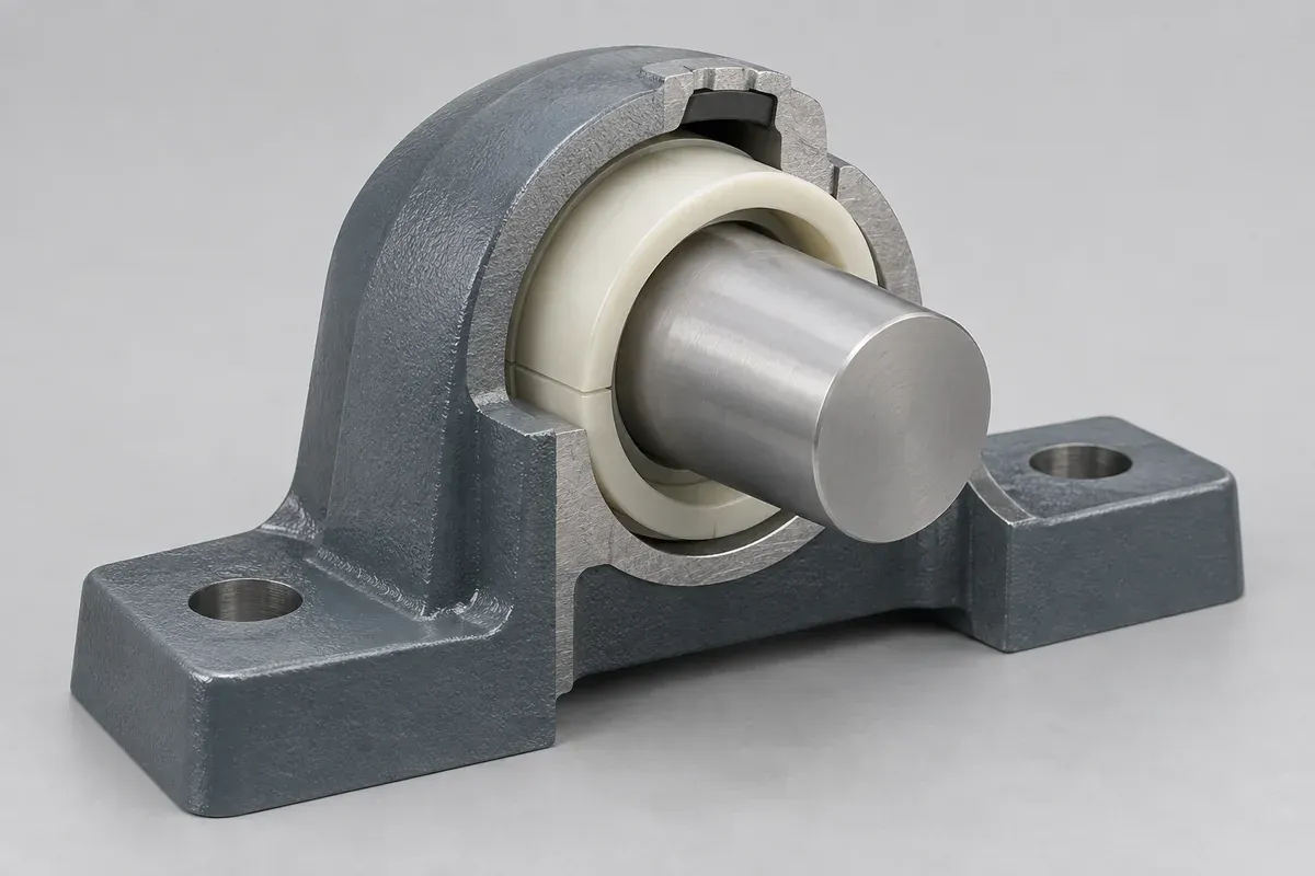 Cutaway design view of a plastic bushing around a shaft within a housing