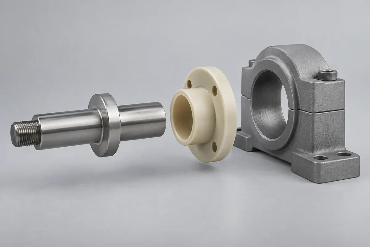 Separate shaft, ivory plastic flanged bushing and supporting housing