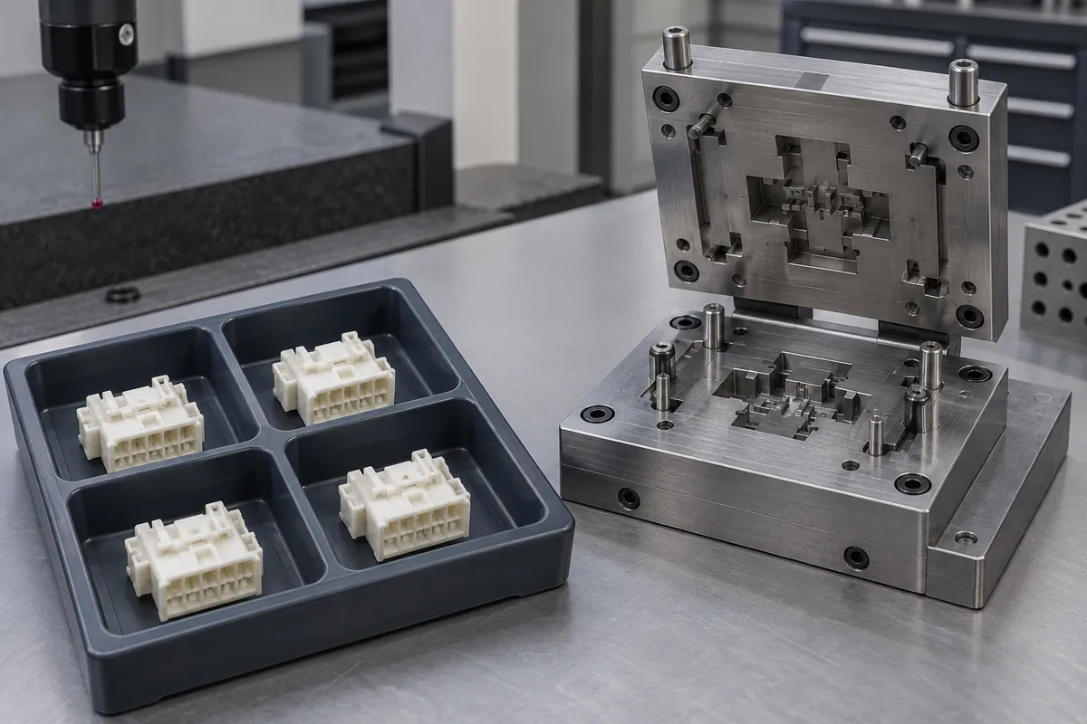 Separated groups of molded terminal-carrier samples in inspection trays