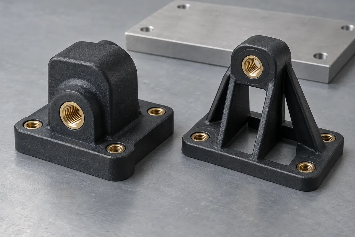 AI-generated illustration of two plastic bracket boss concepts with threaded inserts