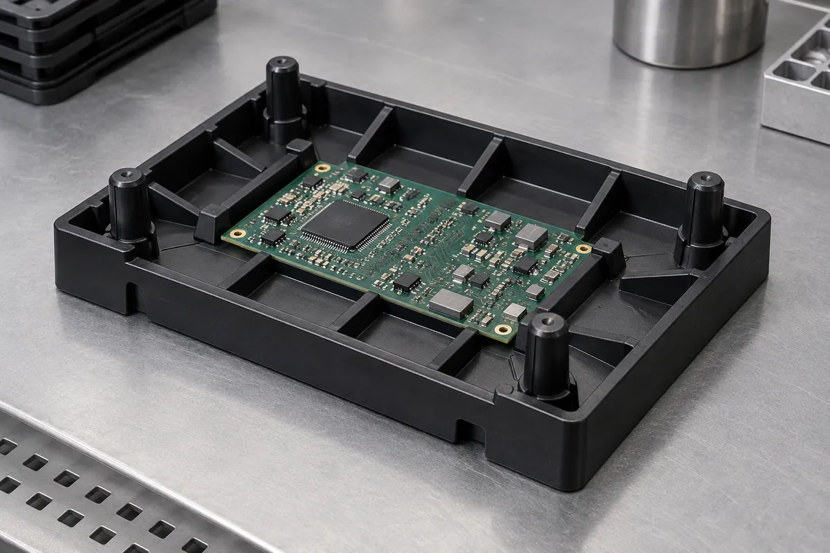 Black molded PCB handling tray with four locating posts and stiffening ribs