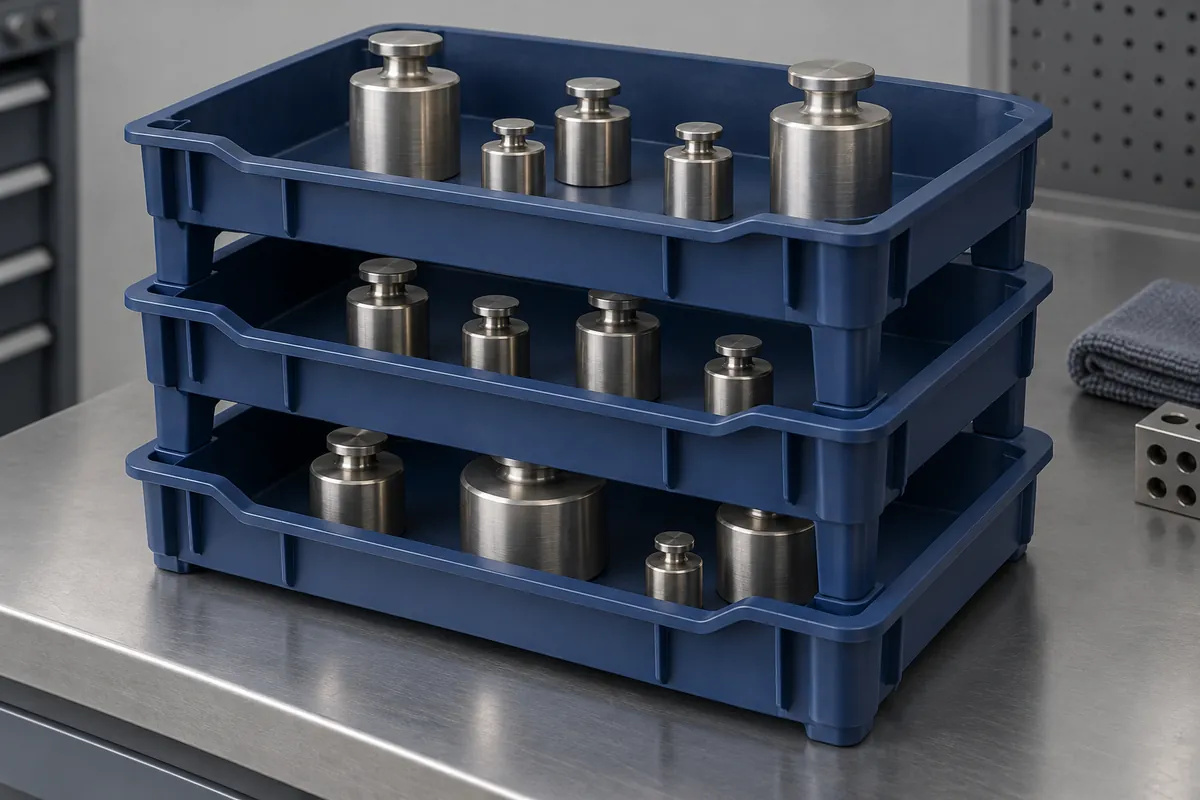 Three trays stacked with plain distributed weights, no readings or certification marks