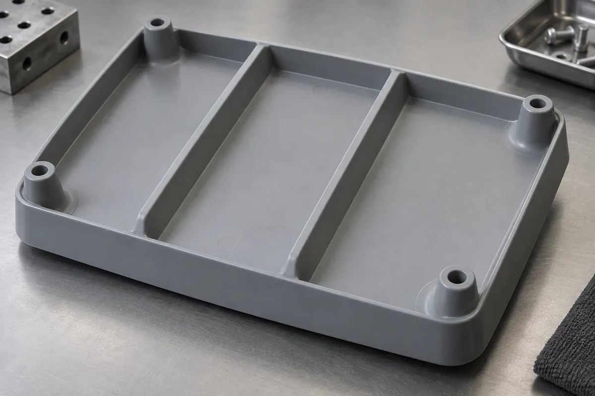 Underside of tray with three broad reinforcing ribs and rounded post roots