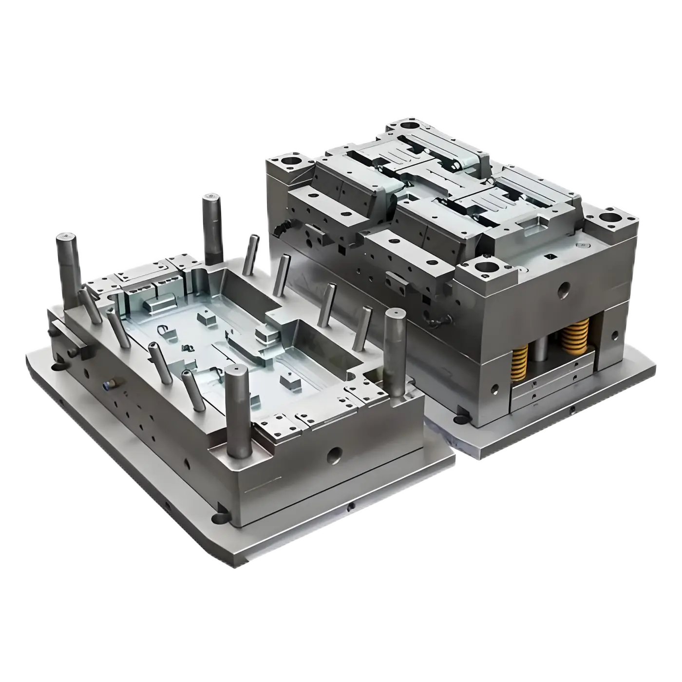 Open injection mold showing cavity, core, inserts and mold base