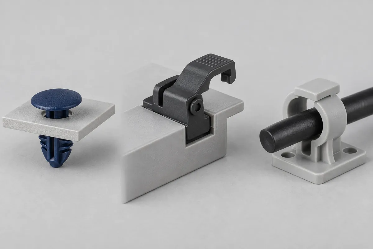 Application concepts for a push-in panel clip, a removable cover latch and a cable retainer