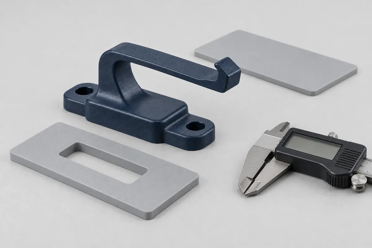 Sample-review concept with a navy plastic clip, a receiving panel coupon and an idle digital caliper