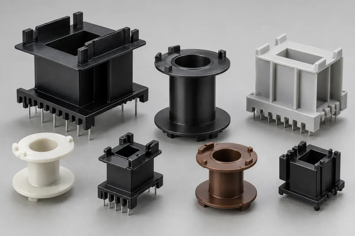Empty injection-molded coil-former design examples with winding barrels and flanges