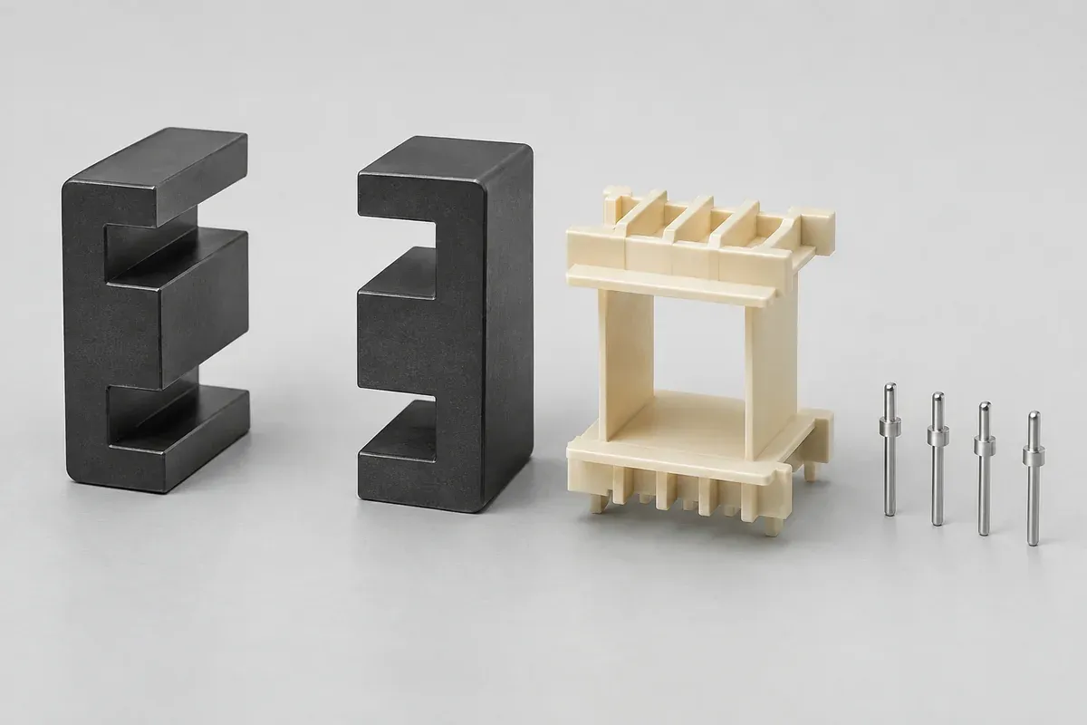 Separated plastic bobbin, ferrite core halves and terminal pins