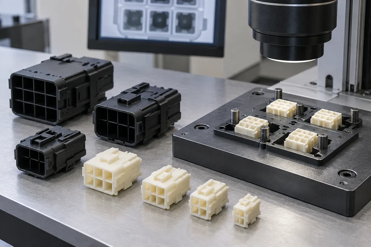 Molded connector samples beside an optical inspection nest