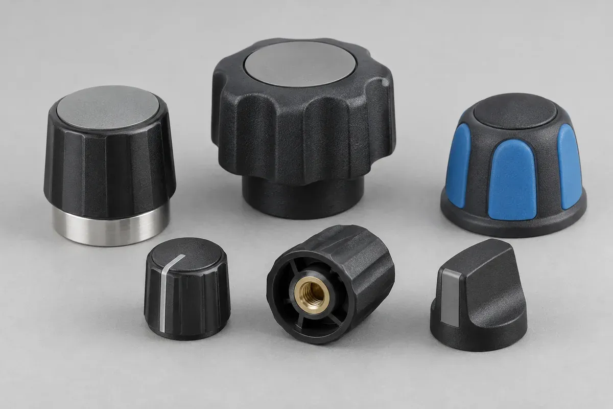 Plastic rotary control knob design examples with different grips and shaft interfaces