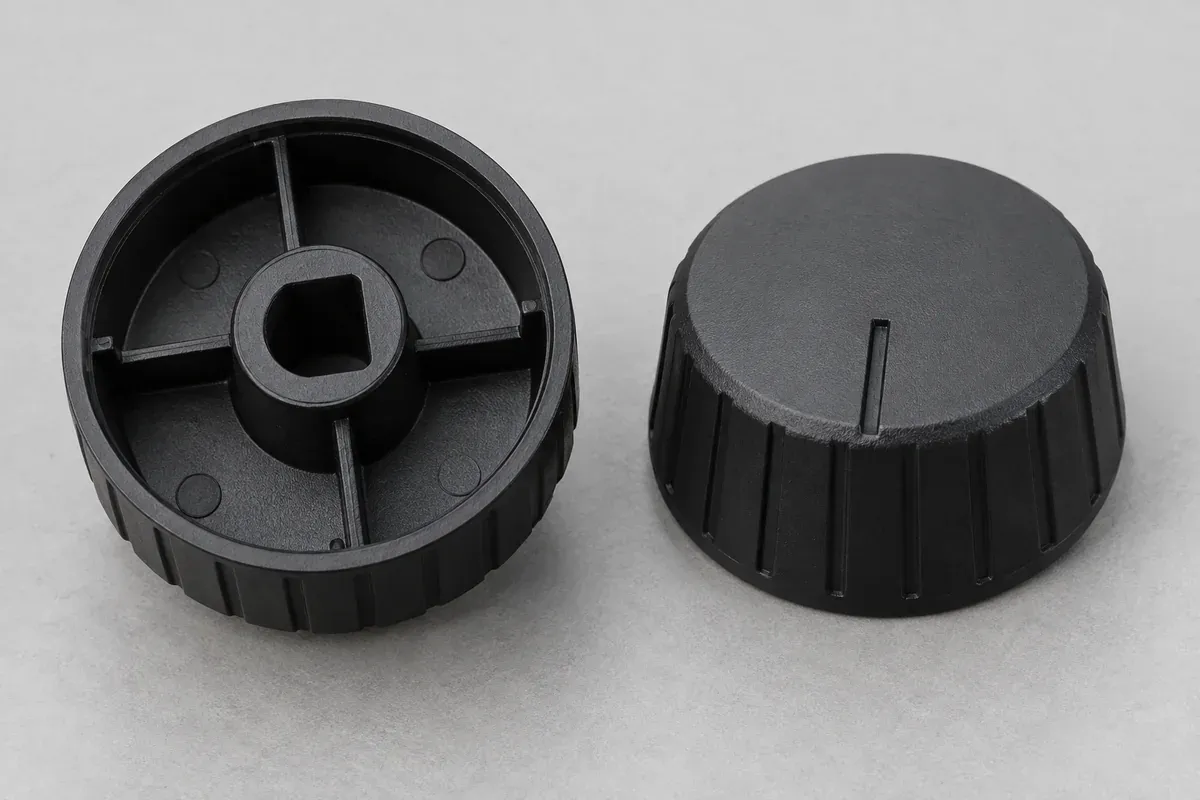 Underside of a black plastic knob showing its D-shaped shaft bore