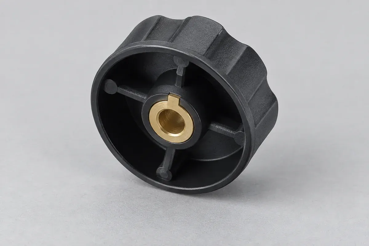 Metal insert supported by a plastic control knob boss and ribs