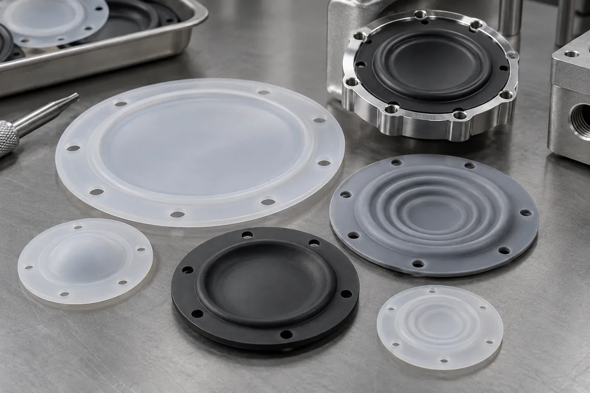 Several molded silicone diaphragms with flat and shallow convoluted centers