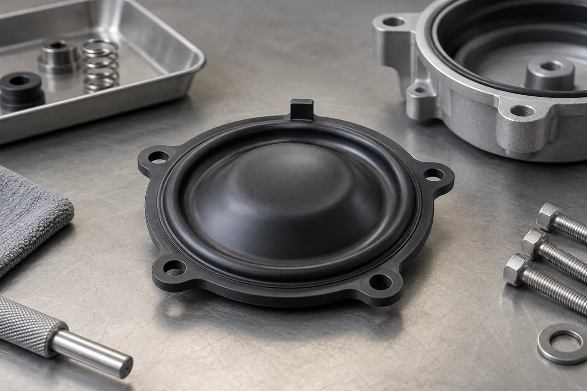 Peripheral sealing bead and locating tab on molded diaphragm