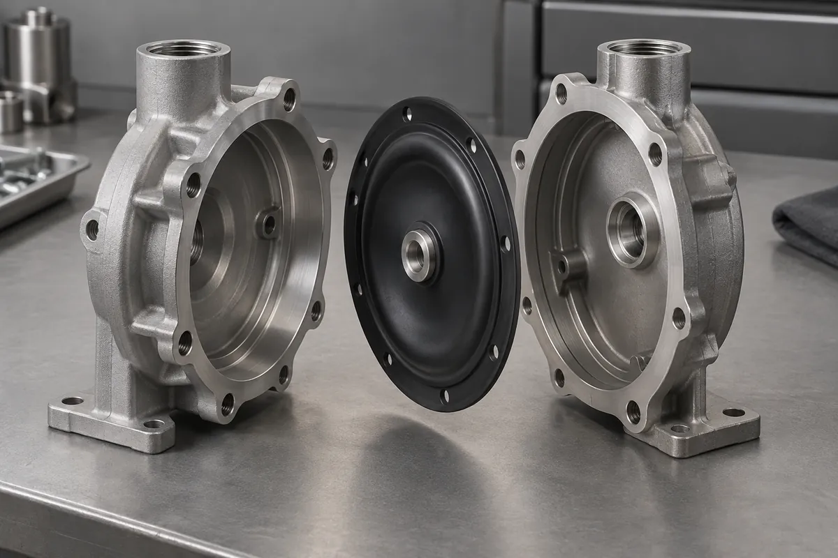 Exploded diaphragm between two pump housing rings
