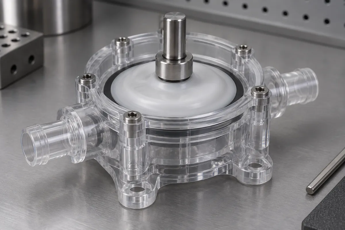 Diaphragm seated in clear pump head with a central actuator