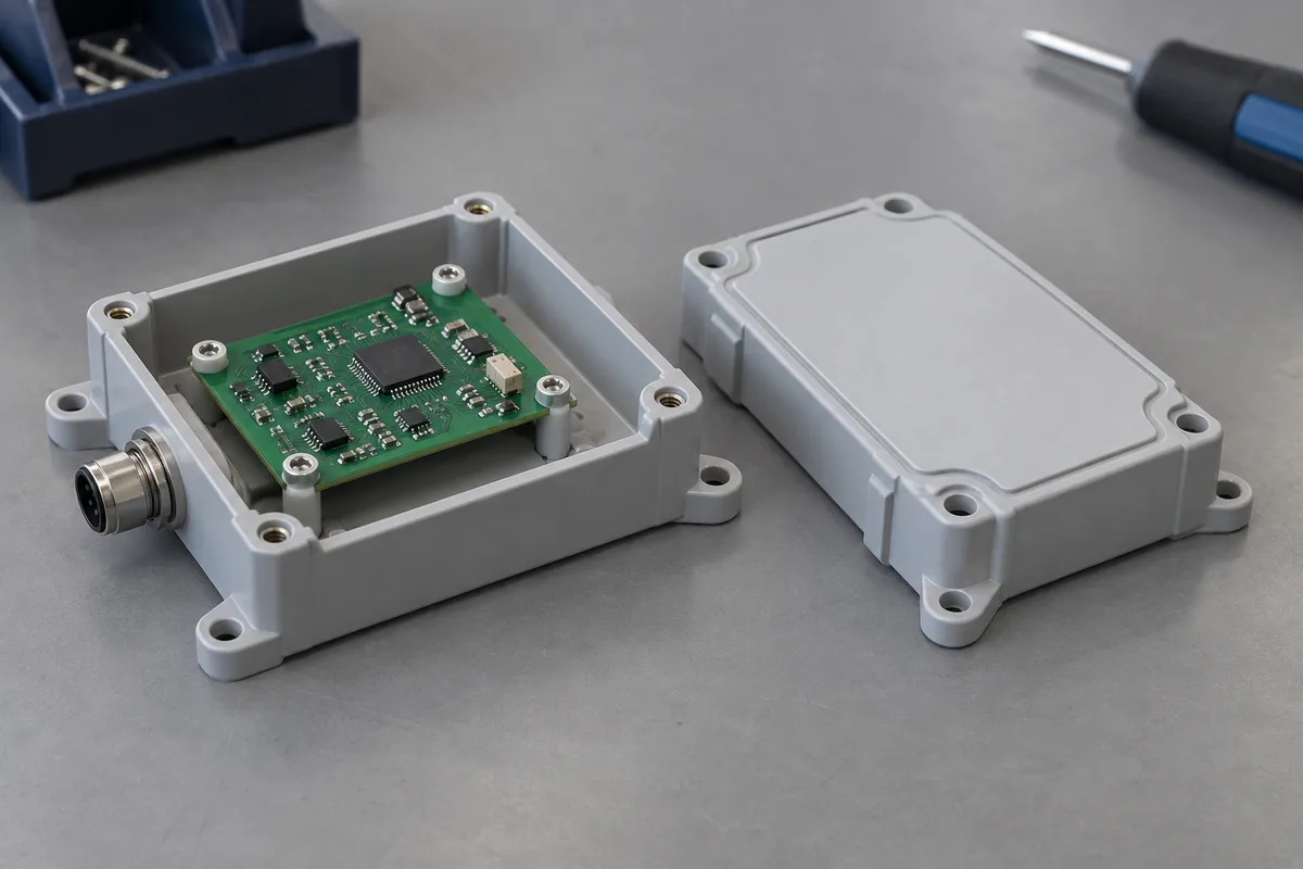 Sensor enclosure containing a supported PCB beside its separate cover