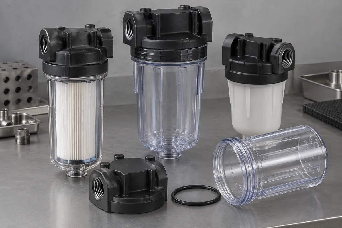 Custom molded filter bowls and caps with threaded fluid ports