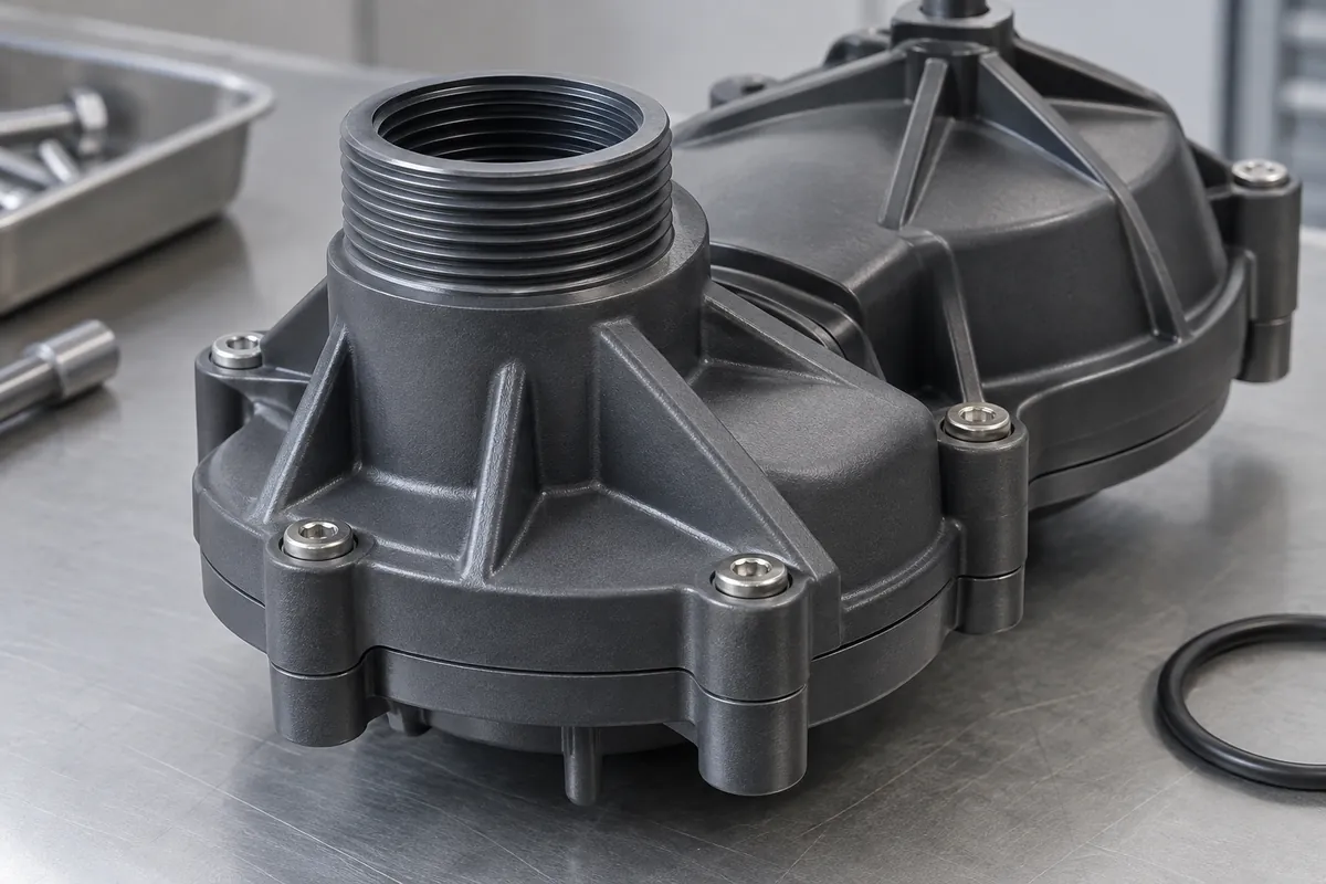 Close view molded threaded inlet port and supporting ribs