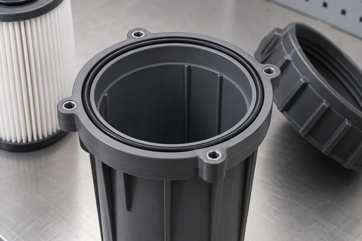 Circular O-ring groove on a plastic filter housing flange