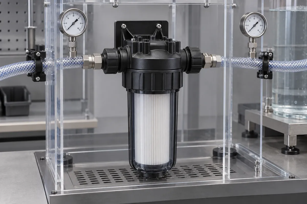 Filter housing with closures in a guarded water test setup
